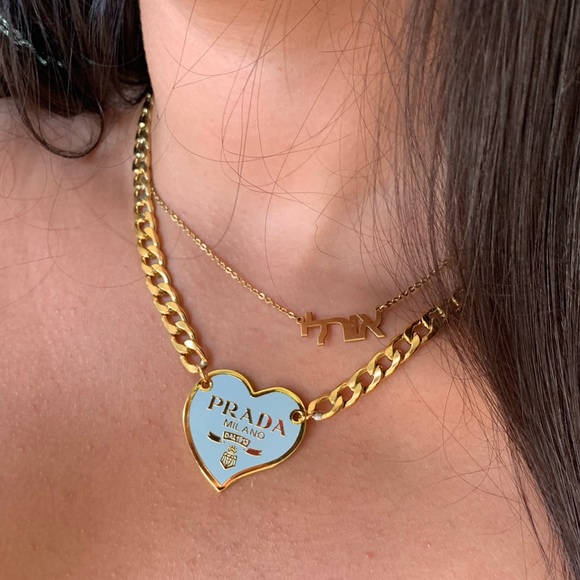 Prada Repurposed Blue Heart Necklace 